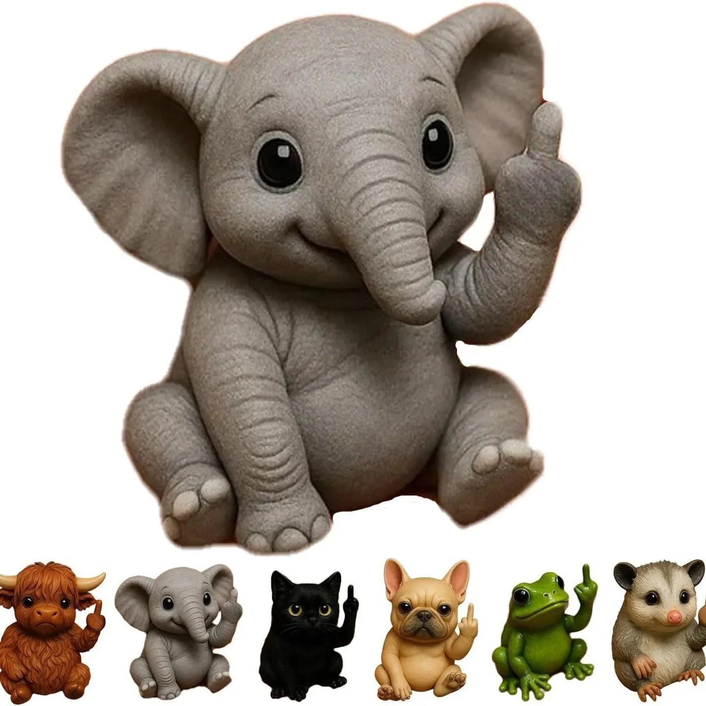 Resin animal middle finger doll ornament in chosen animal style such as cat, dog, or elephant.