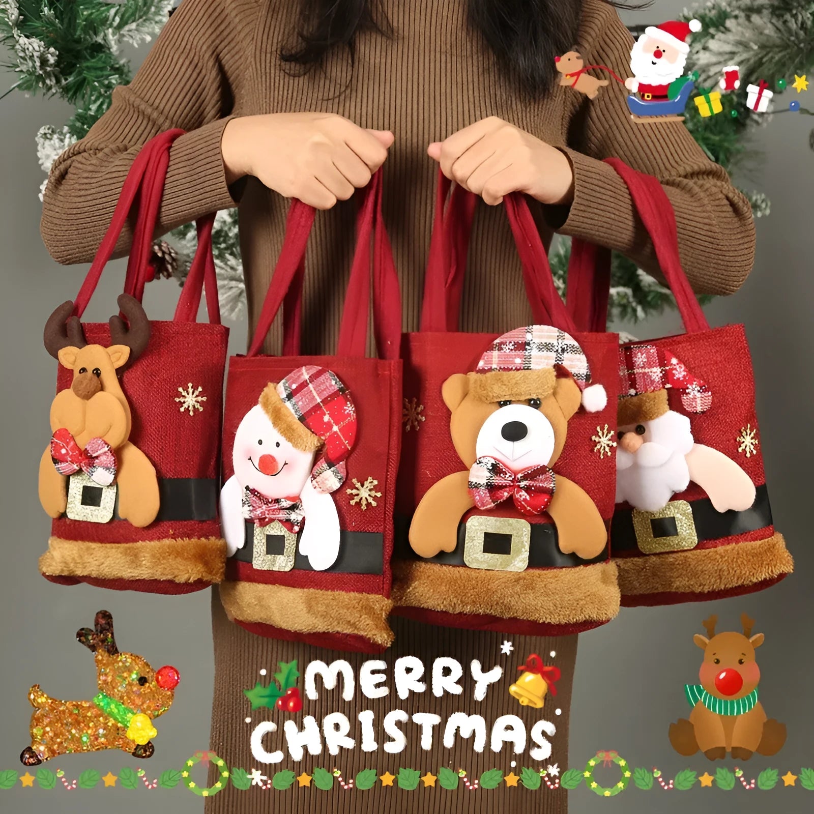 Small cloth Christmas candy tote bag with Santa Claus, snowman, deer and bear character designs