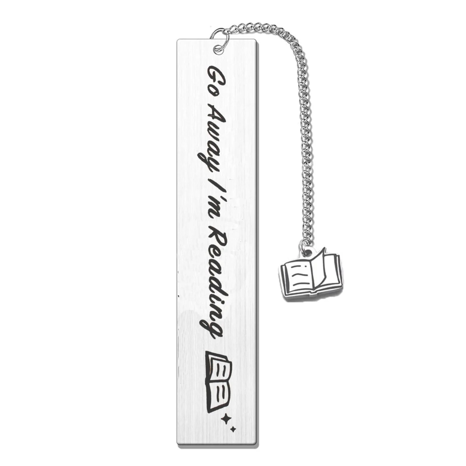 Stainless steel bookmark with tassel and engraved lettering in a gift box.