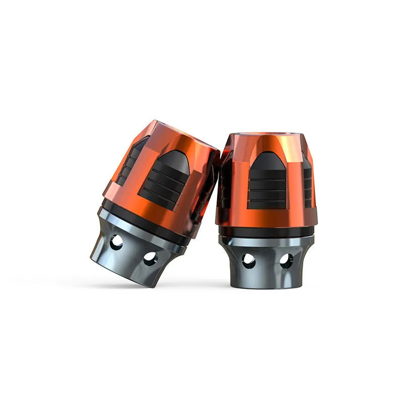 A pair of anodised aluminium fork cups for motorcycle or electric car front axles, shown in a choice of colours.