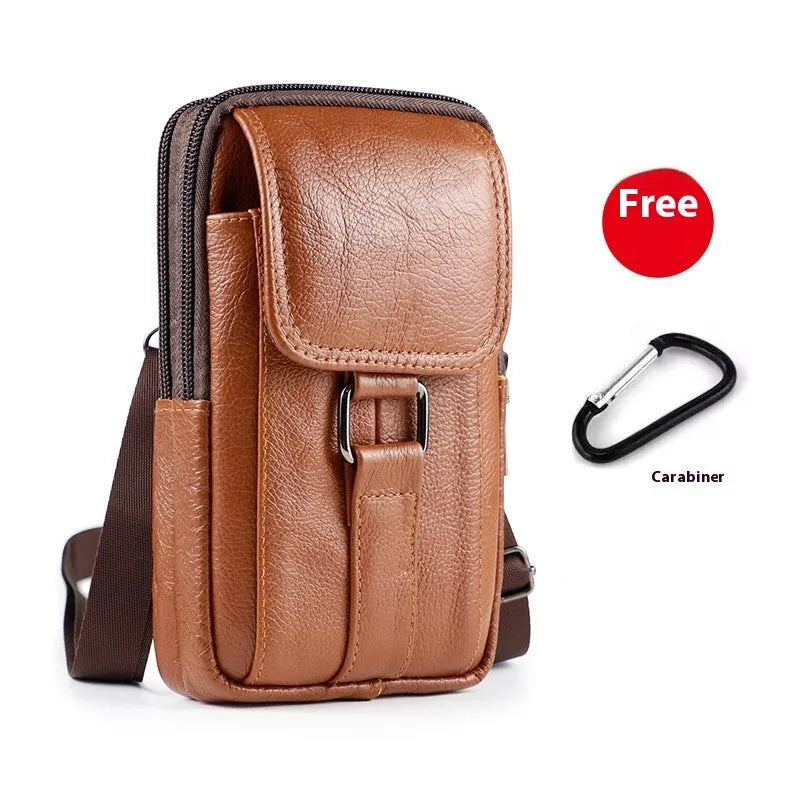 Men's black genuine leather crossbody waist bag with a lock, shown in vertical square shape.