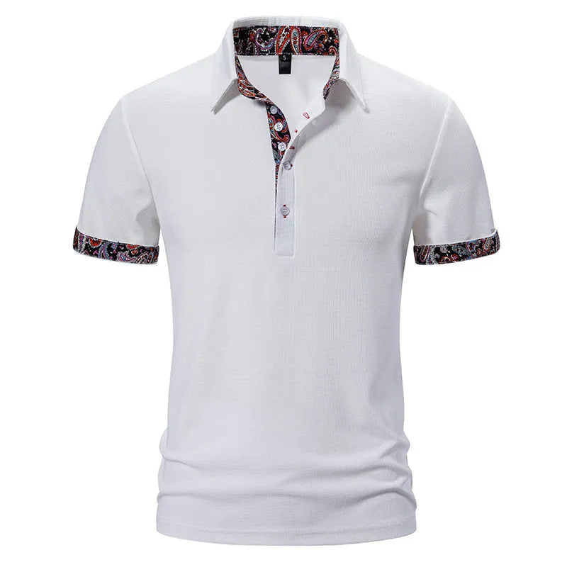 Men's navy blue polo shirt with white contrast stitching on the turnover neck and short sleeves.