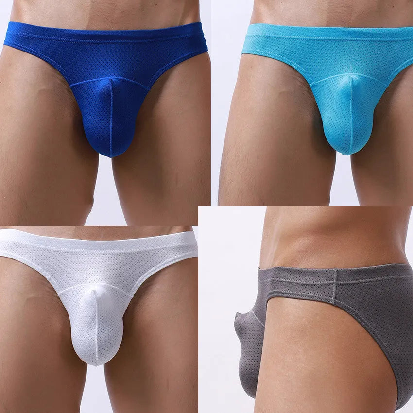 Men's loose transparent nylon underwear in multiple colours laid flat.