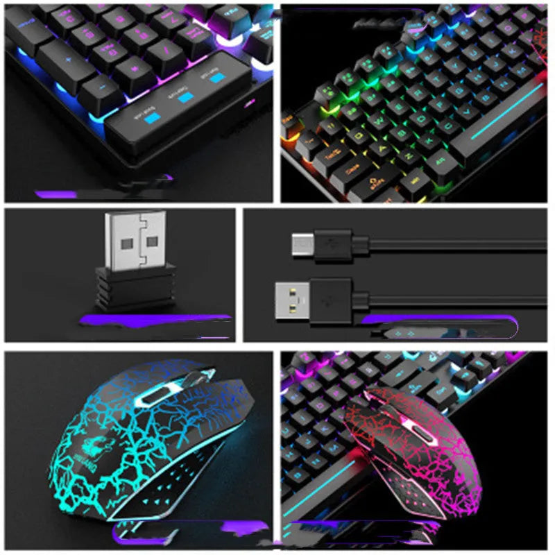 T3 wireless charging keyboard and mouse set with backlit keys in black rainbow light colour scheme