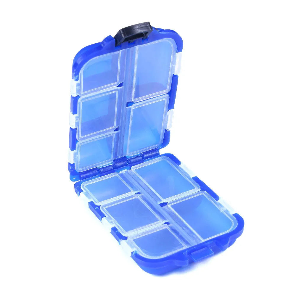 Black plastic fishing tackle storage box with a 10-grid interior for small hooks and lures.