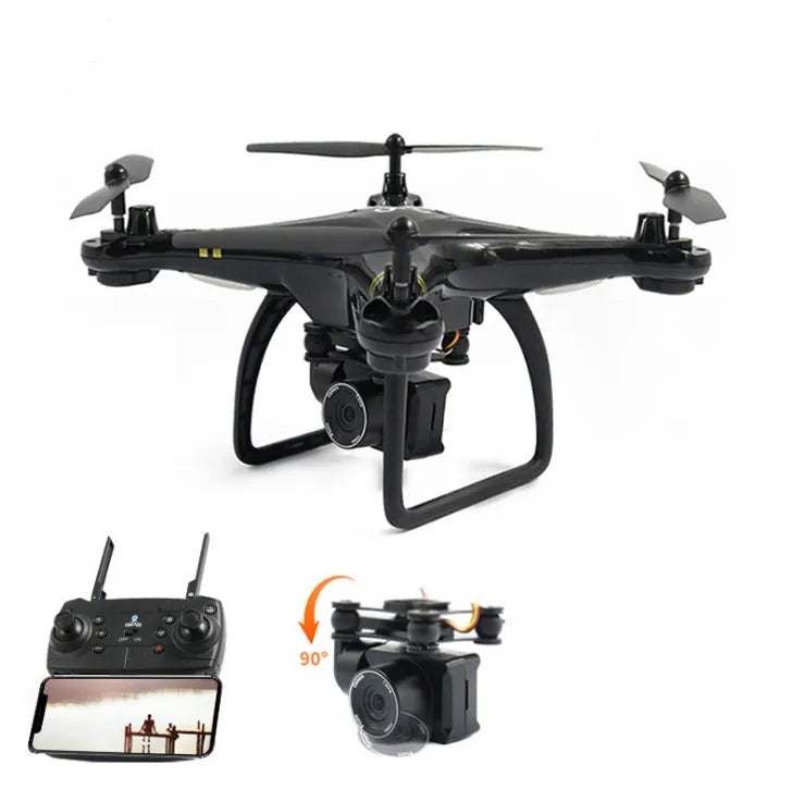 Black 5G GPS camera drone with four rotor arms and high-definition lens on a white background