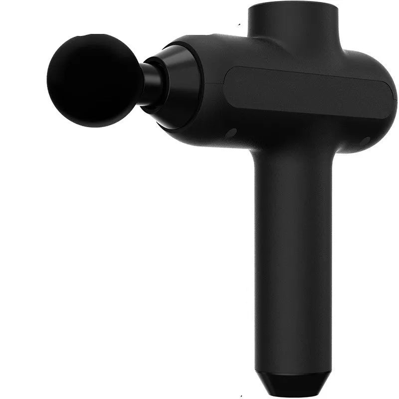 Black handheld electric muscle massager with multiple attachment heads on a white background