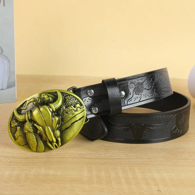 Men's brown imitation leather belt with a detailed silver alloy cow head buckle and pin buckle fastening.