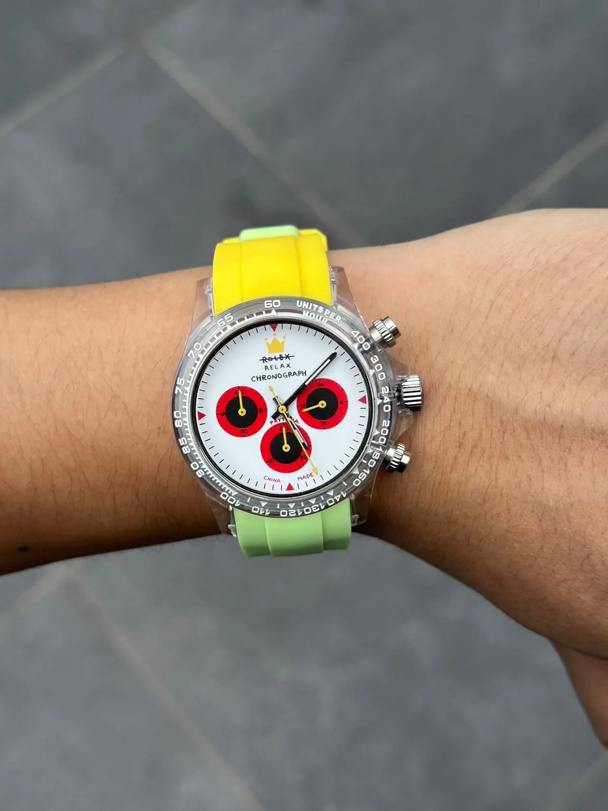 Panda Palette chronograph watch with steel strap, 36mm dial, black or white colour option