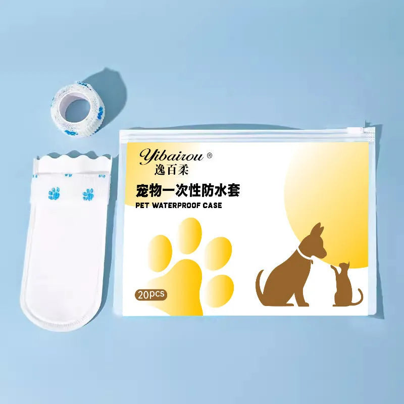 White disposable waterproof shoe covers for dogs in S and M sizes with non-slip feature