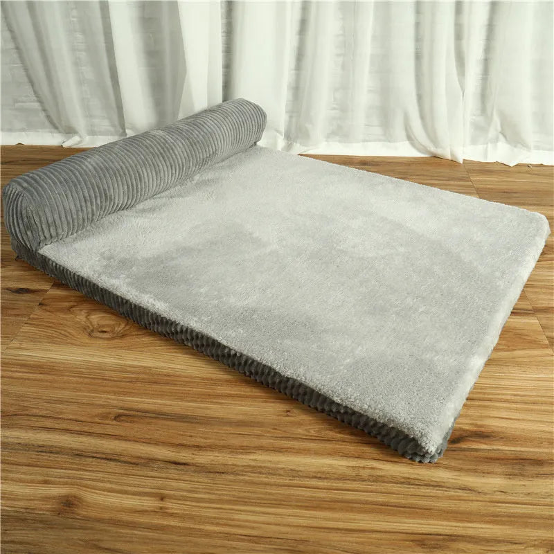 Corduroy bolster dog bed with high-density sponge filling and non-slip base in grey colour
