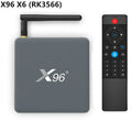 Android smart TV set-top box with voice remote control on a wooden table next to a television.
