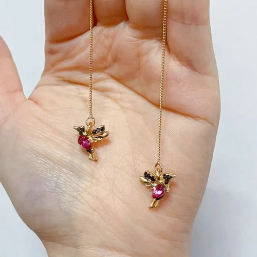 Bird hanging earrings for women in long style with mixed zirconium wings on electroplated alloy.