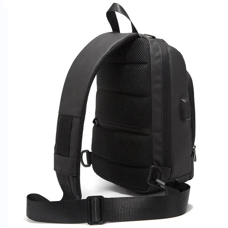 Black anti-theft lock chest bag with USB charging port, medium square shape, Polyamide fibre material