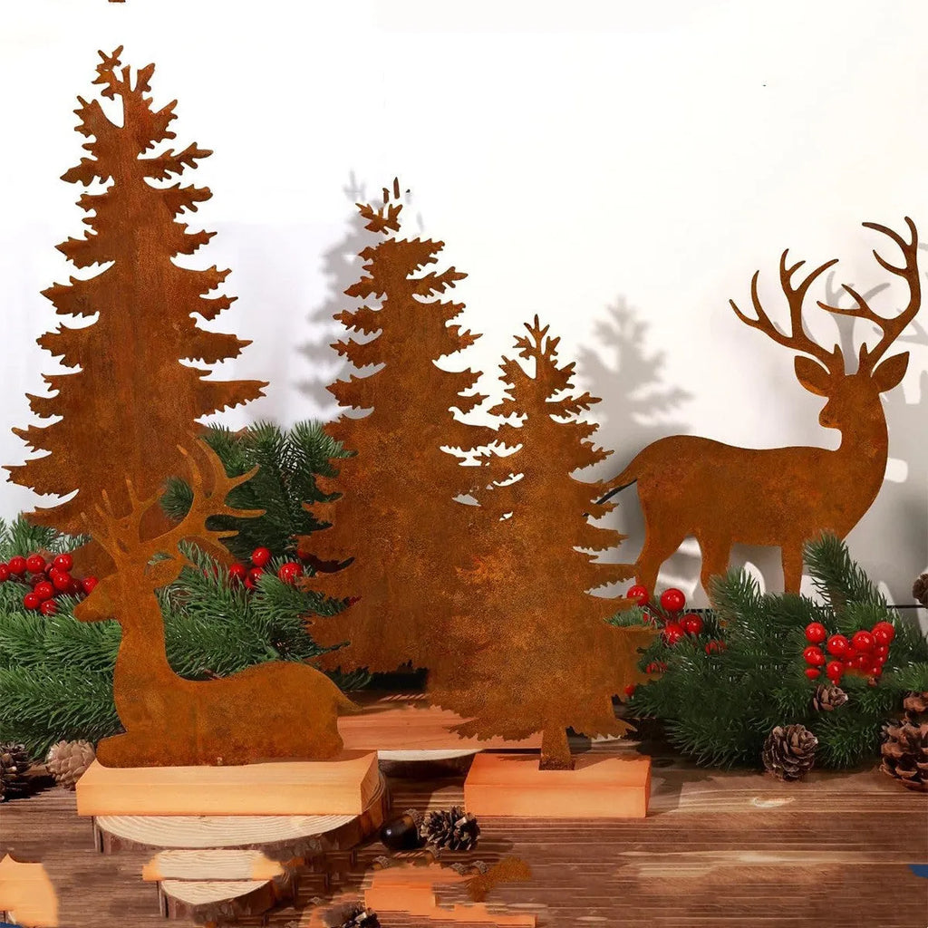Three metal rusty Christmas tree elk decorations with American style iron construction