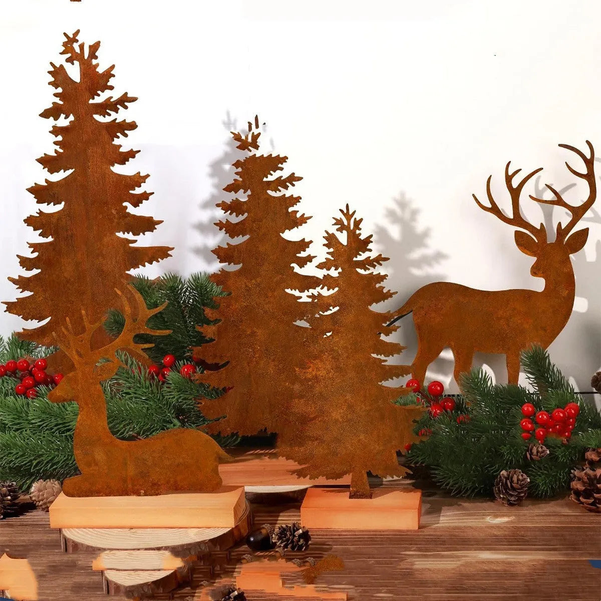 Three metal rusty Christmas tree elk decorations with American style iron construction