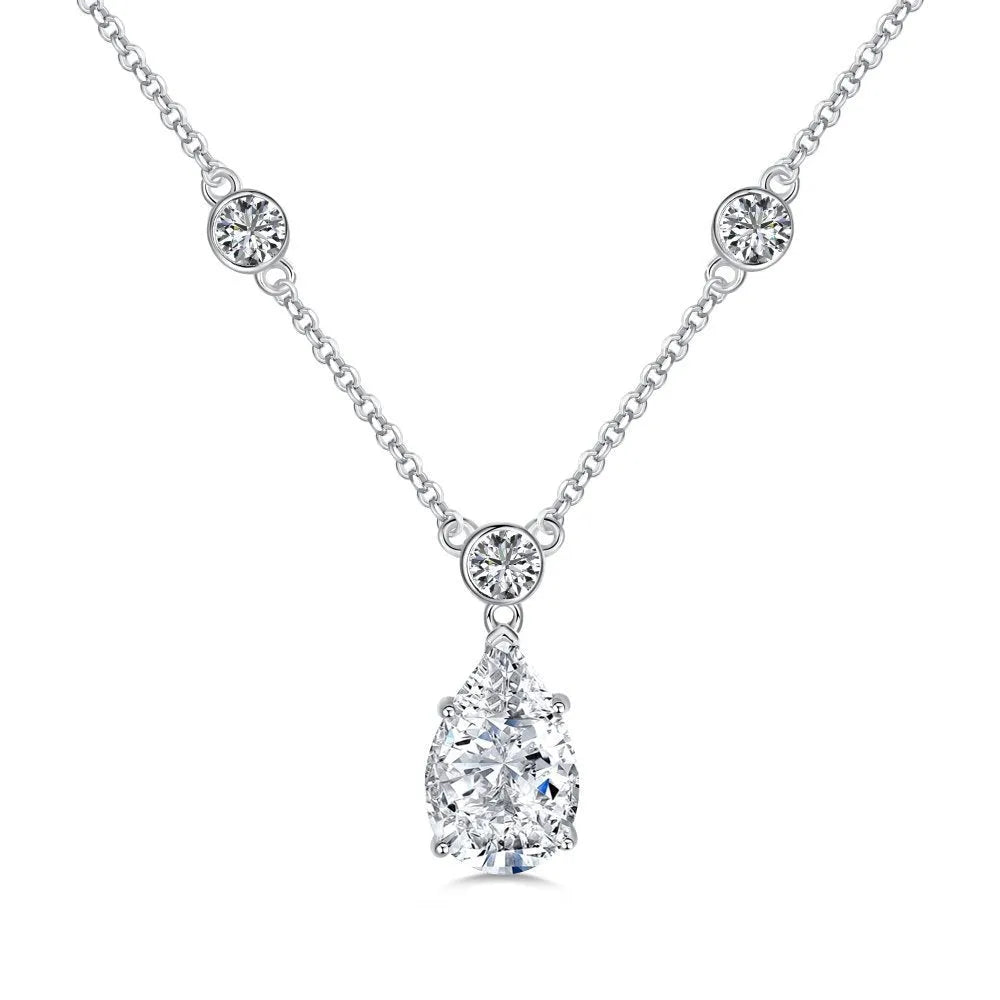 925 silver electroplated drop-shaped necklace in platinum white diamond finish on display