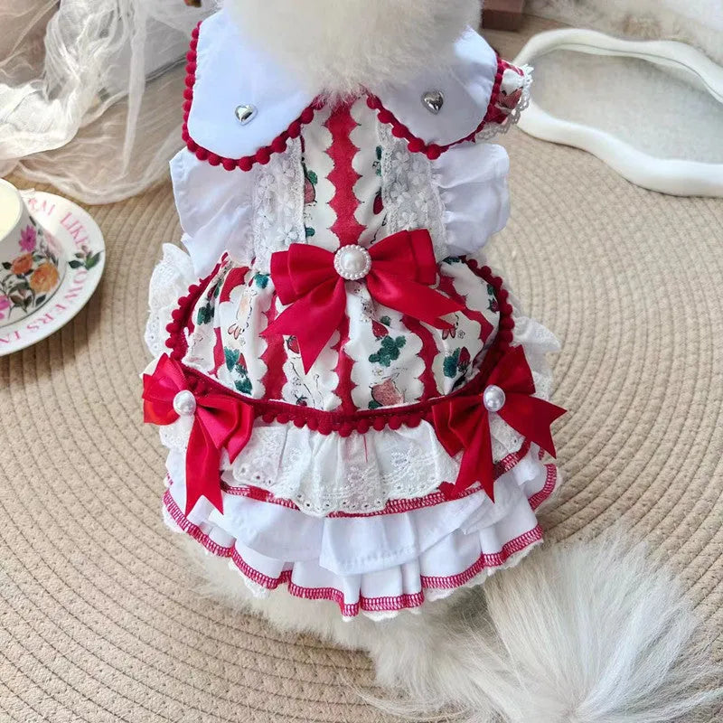 Small white dog wearing a pink rabbit-themed princess skirt with layered fabric.