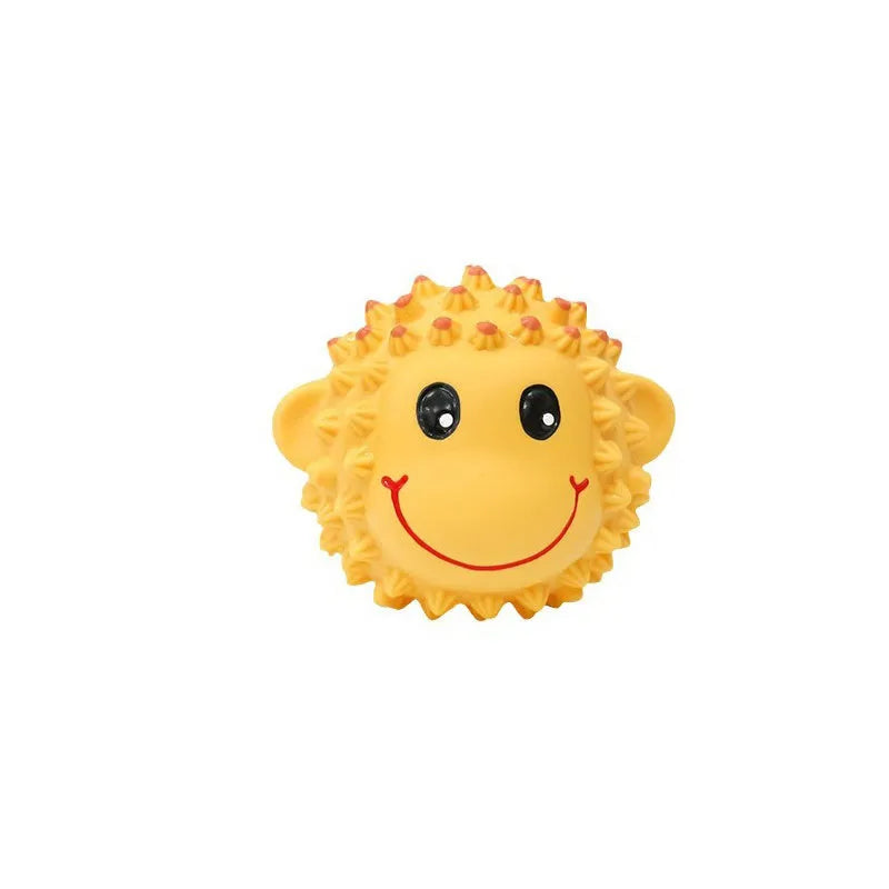 Two spiky squeaky latex dog toys, lamb and monkey designs, on a plain background.