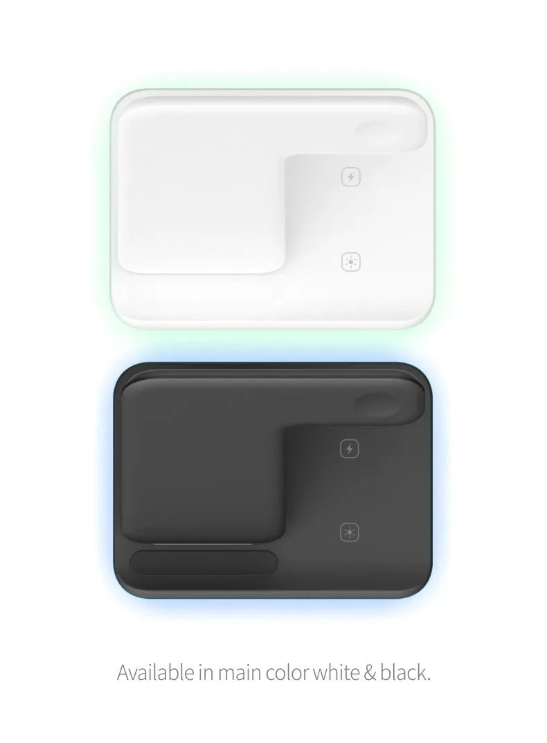 White three-in-one desktop wireless charging stand for mobile phone, watch, and headset.