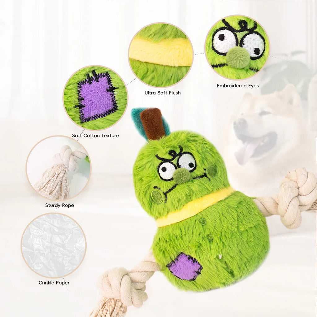 Green and purple interactive plush rope knot dog toy for tug of war and chewing.