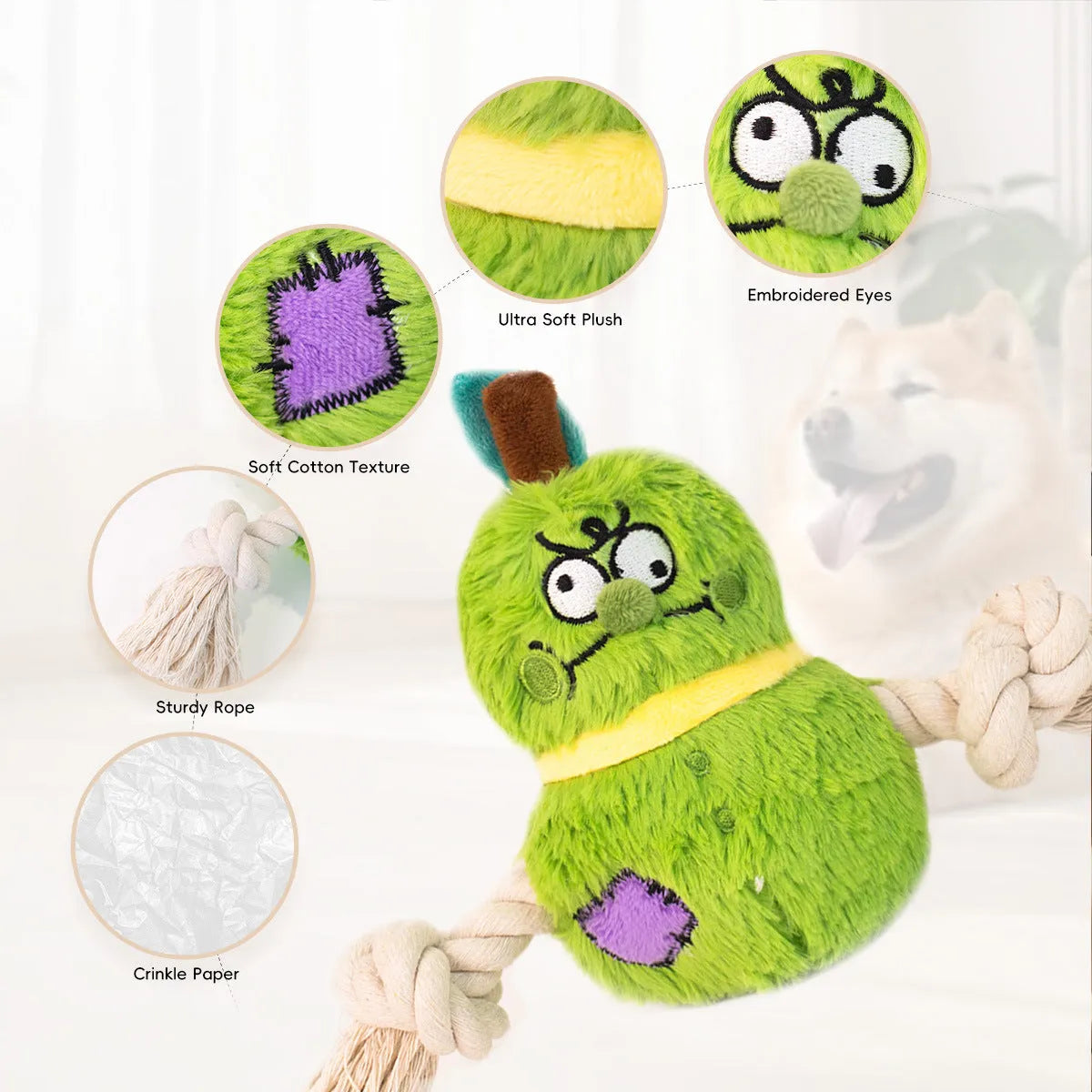 Green and purple interactive plush rope knot dog toy for tug of war and chewing.