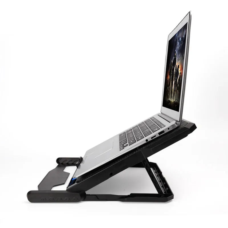 Laptop cooling board with metal mesh construction and LCD display showing speed controls