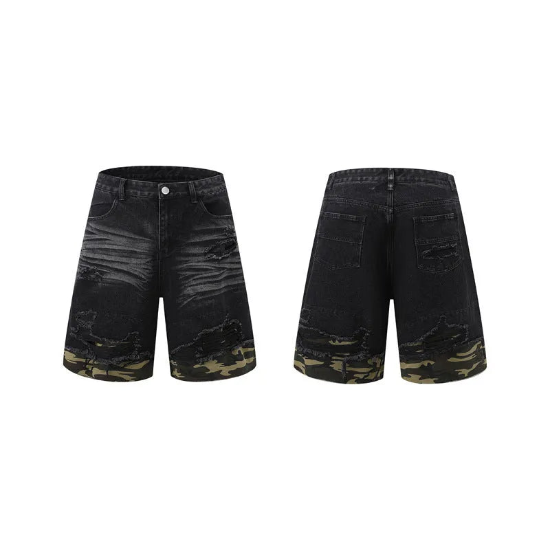 Cut edge stitching leopard print denim short sleeve suit set with black top and shorts