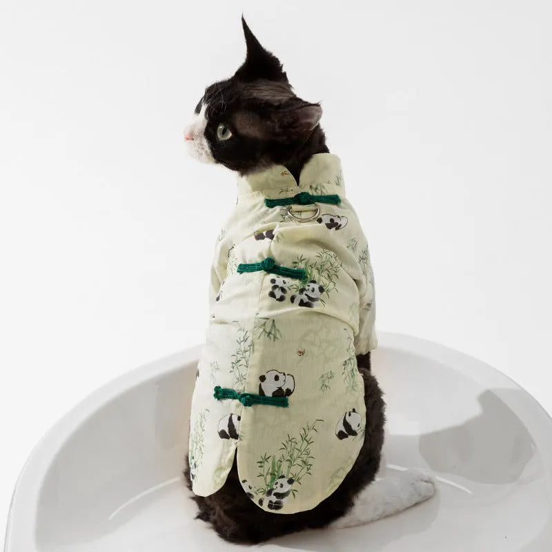 Chinese style panda bamboo leaf woven fabric cat skirt on a cat, buckle vest design