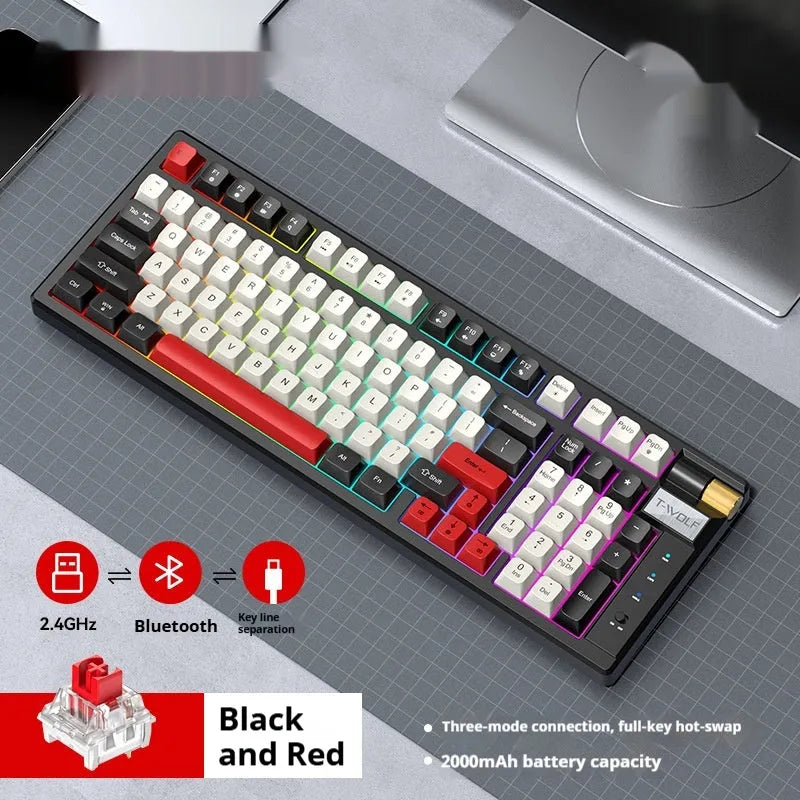 Bluetooth mechanical gaming keyboard with RGB backlight in black and red colour scheme