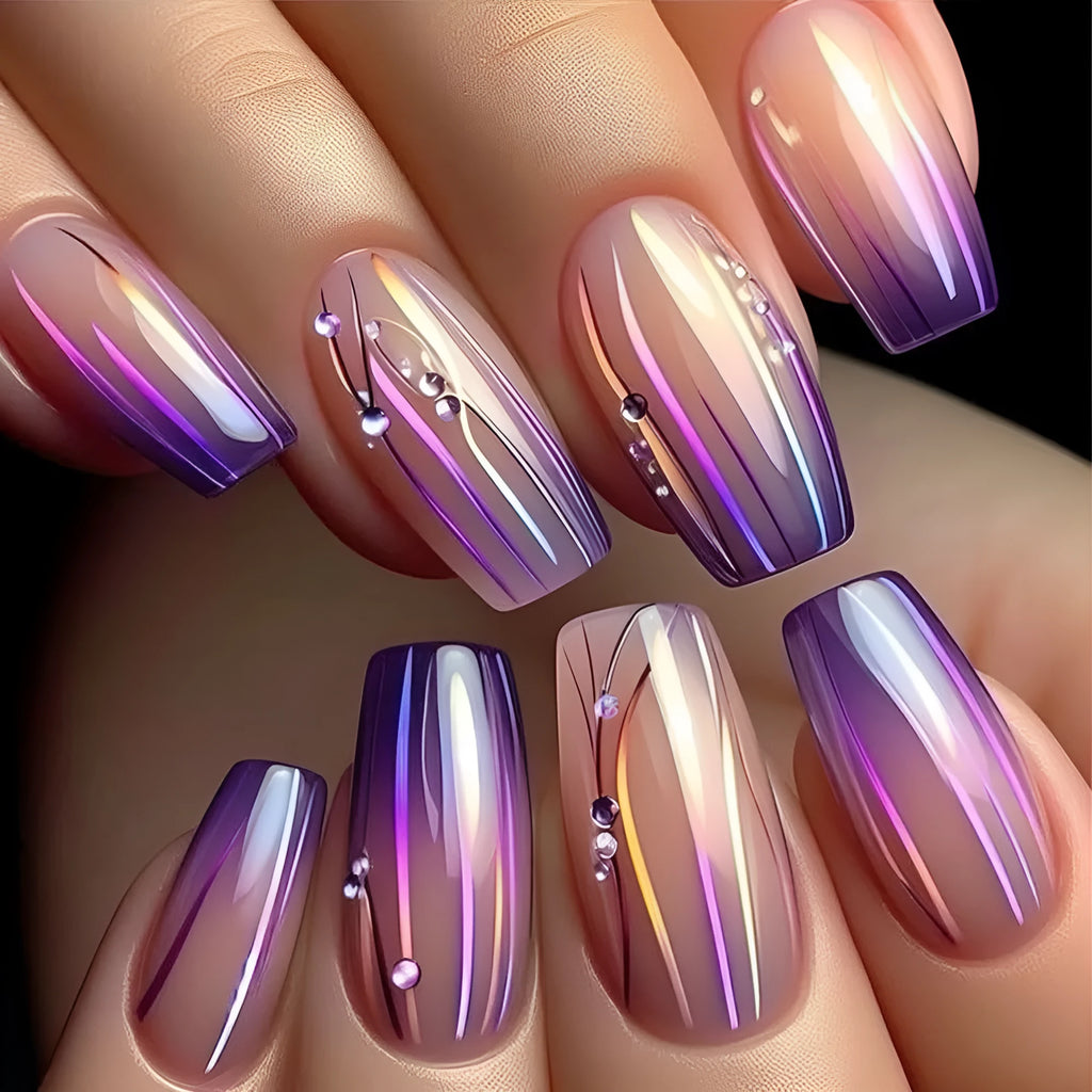 Magic purple gradient nail stickers with starry sky pattern and jelly glue for home manicures