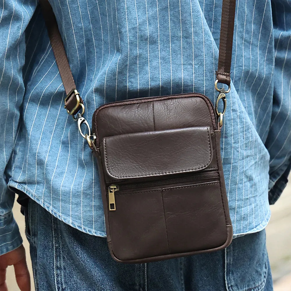Men's brown genuine leather crossbody shoulder bag with visible sewing lines