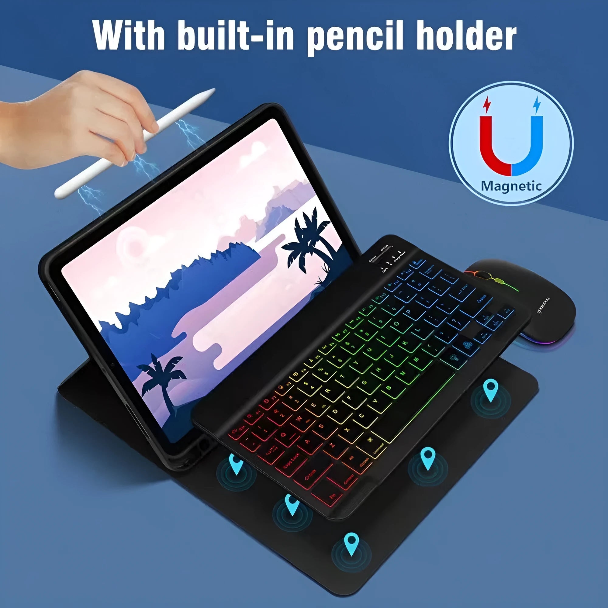 iPad in a colourful TPU leather case with a built-in RGB backlit Bluetooth keyboard and a flip-out stand.