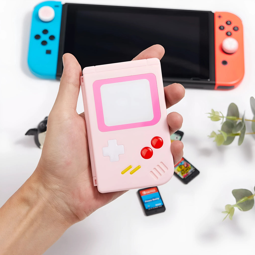 Compact blue Nintendo Switch game card storage box with snap-lid closure.