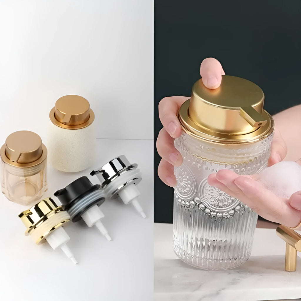 ABS plastic foam pump dispenser for facial cleansers with large pump head in metallic finish