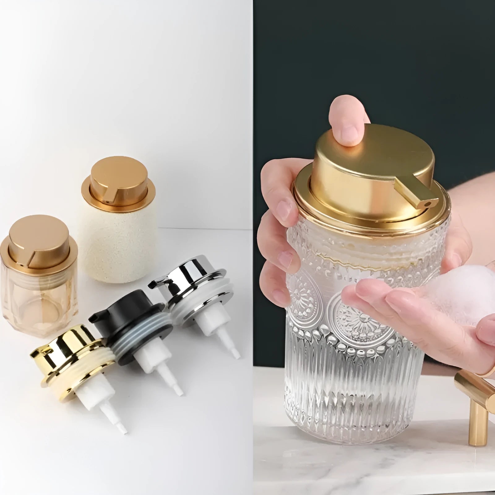 ABS plastic foam pump dispenser for facial cleansers with large pump head in metallic finish