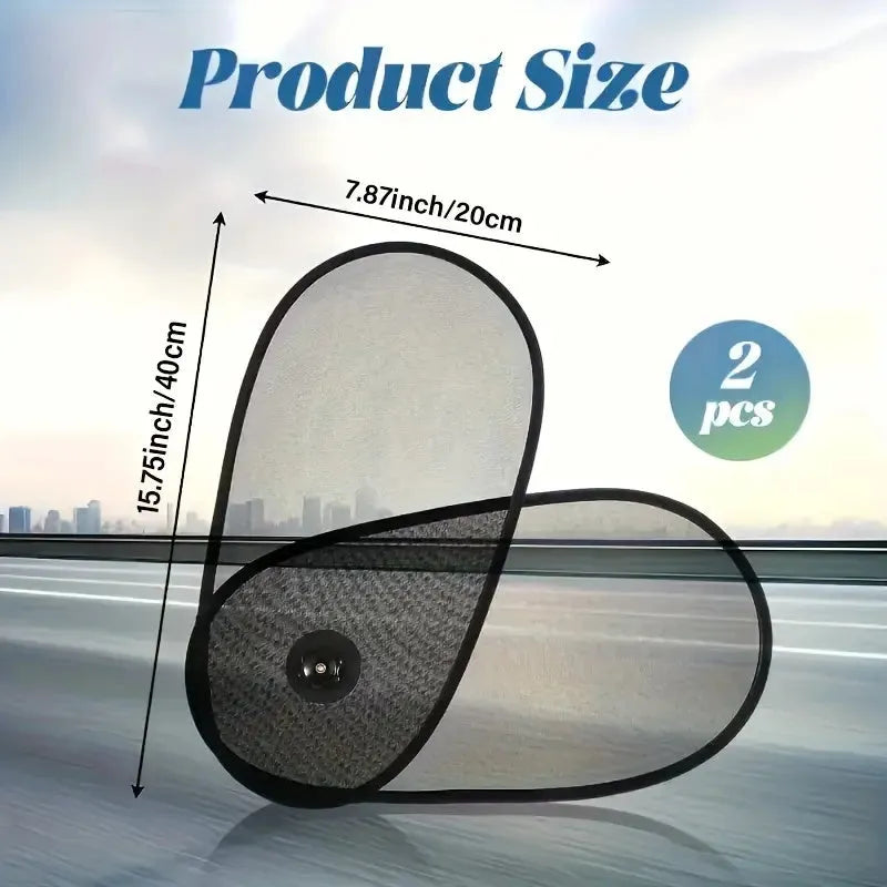 Black stretchy car side window sunshade fitted on glass with suction cups, shown twisted for storage.