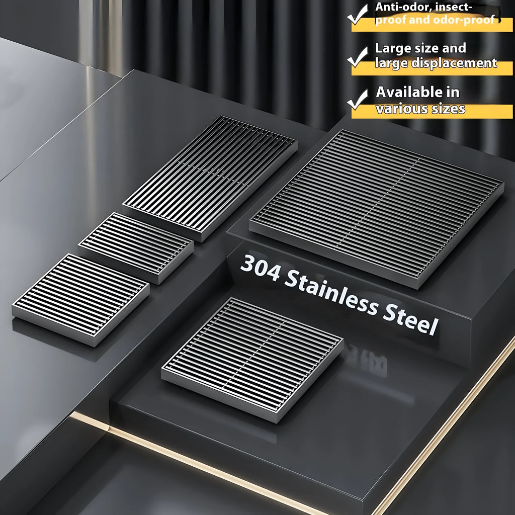 Gun grey 304 stainless steel courtyard floor drain with a 15x15cm grating.