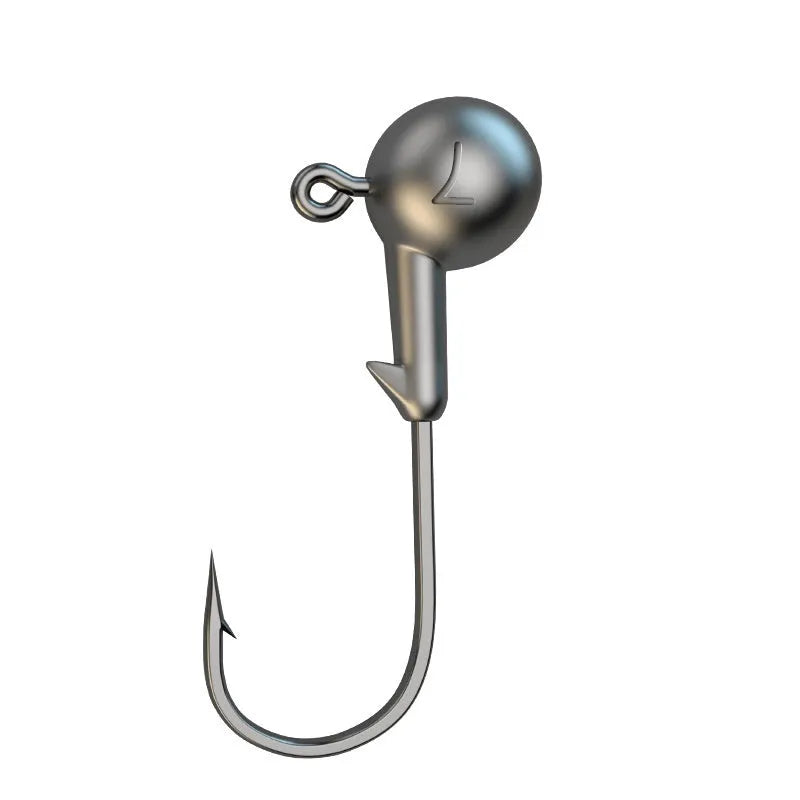 Set of 50 enhanced steel fishing jig hooks with barbed design and lead-head construction