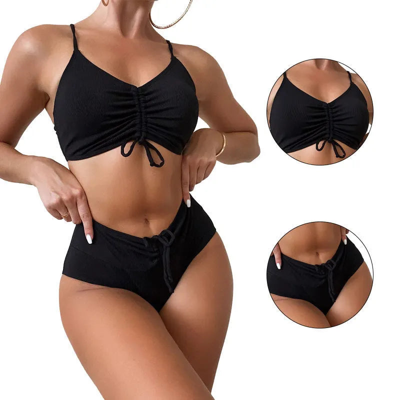 Black women's bikini swimsuit with sling split and high waist shorts
