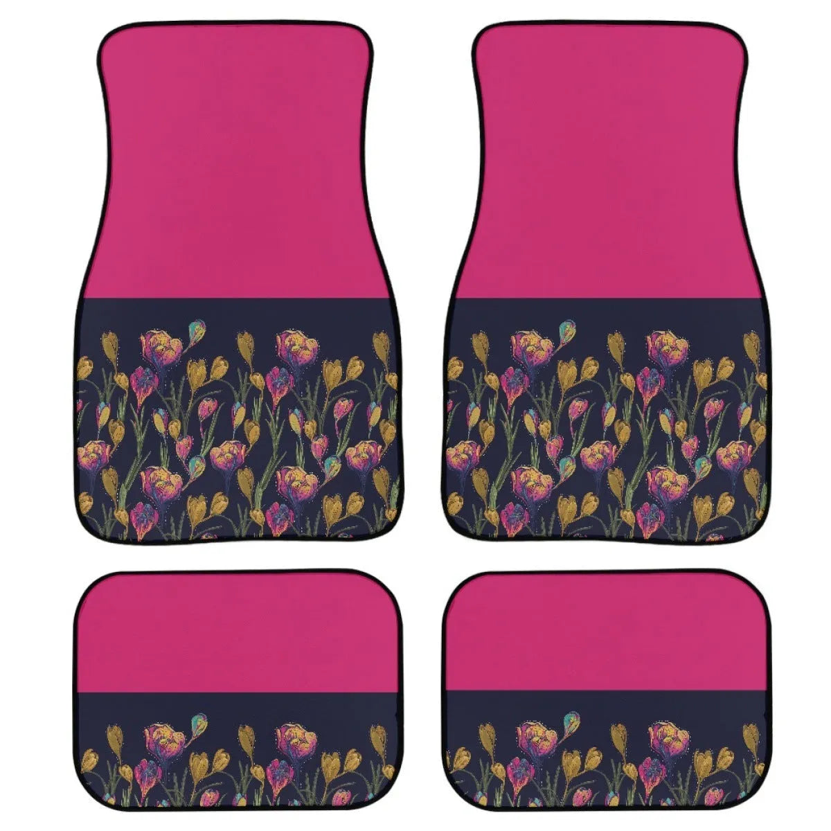 Set of four black rubber car floor mats with a textured surface and raised edges, shown in a vehicle footwell.