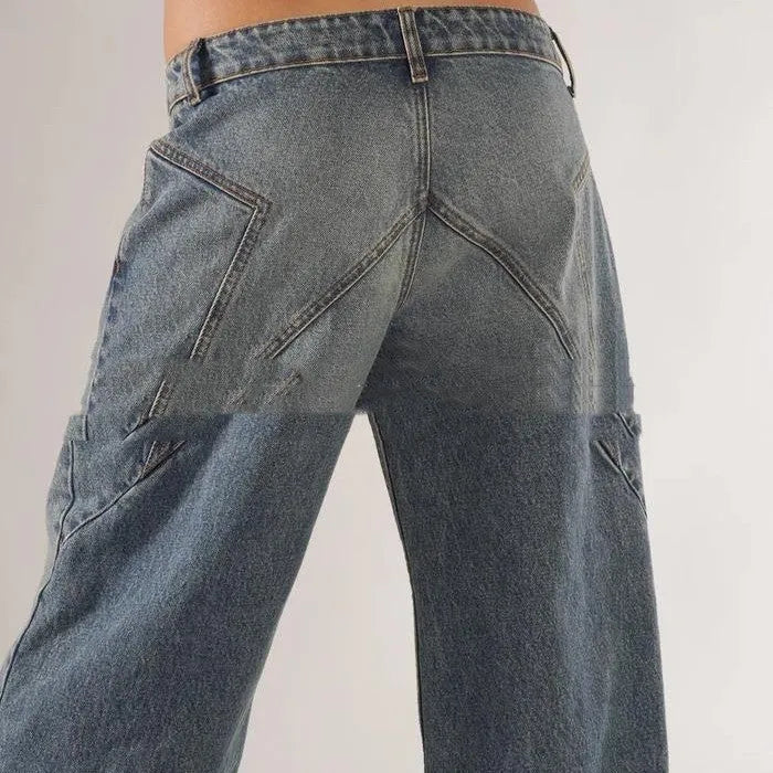 Women's loose straight wide leg cotton trousers with low waist and splicing detail in blue colour