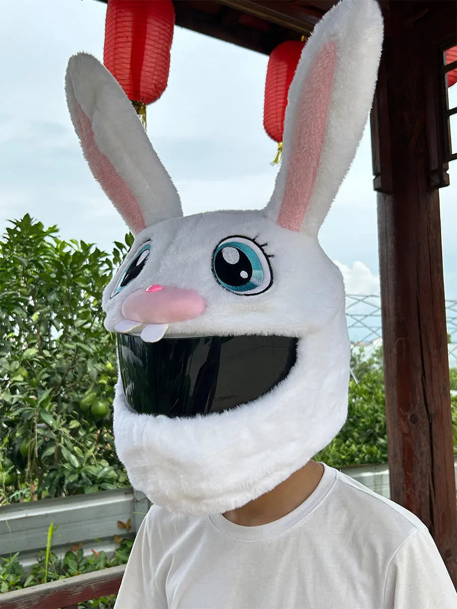 White long-eared rabbit plush helmet cover for electric motorcycles