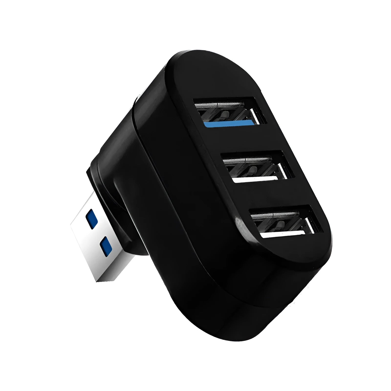 Black USB 3.0 four-port rotary hub on a desk next to a laptop, showing its compact size and rotating design.