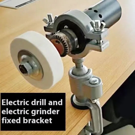 Clamp-on bench vise with a 360-degree rotating head and bracket pliers on a workbench.