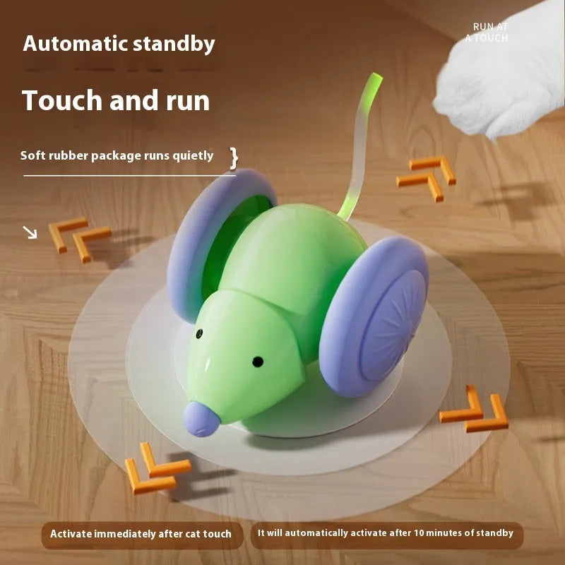 Interactive electric mouse cat toy in green or white with automatic movement and obstacle avoidance, made from ABS and TPU