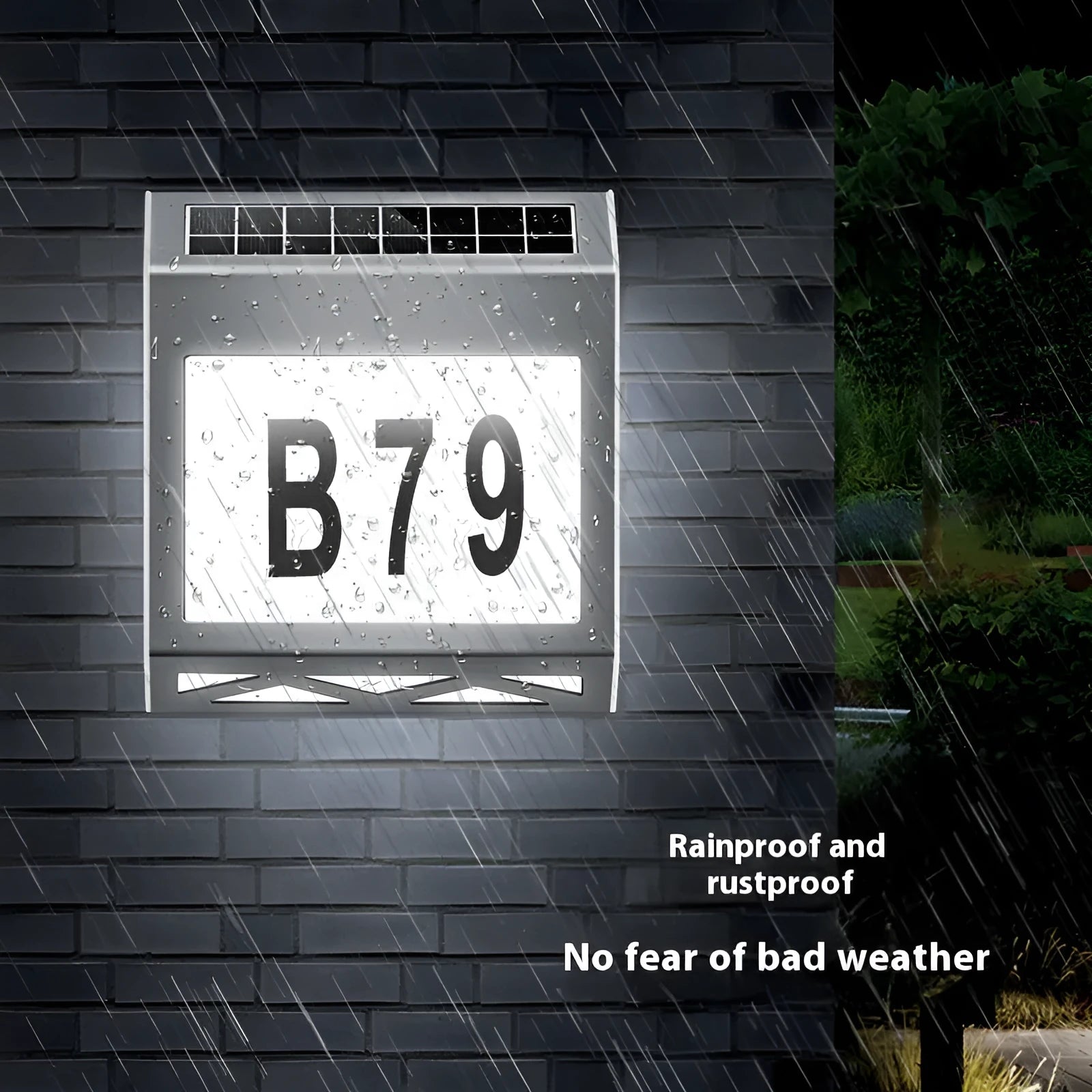 Solar powered waterproof doorplate light with LED address digits in black housing