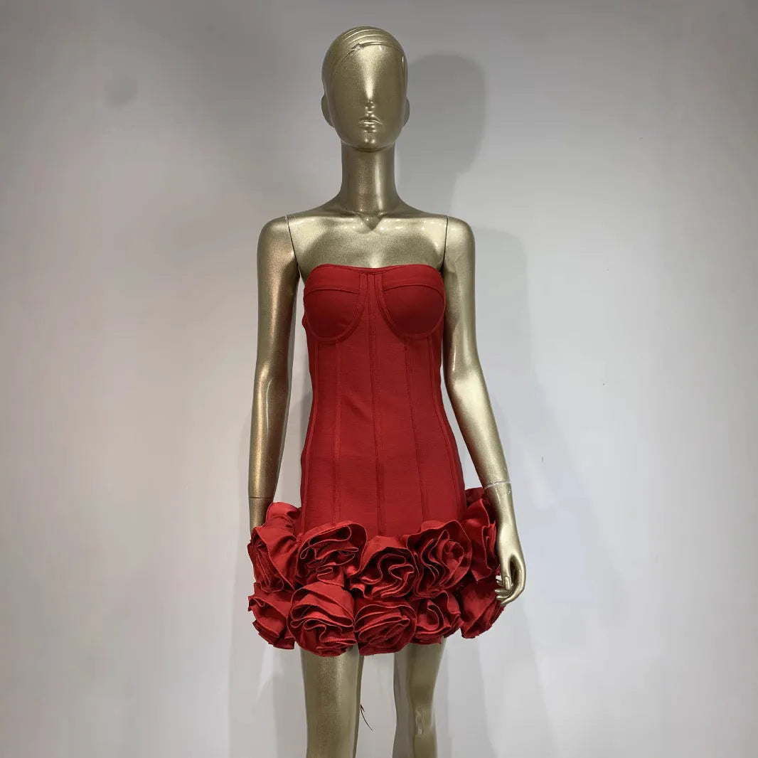 Women's solid colour polyester dress with mid waist in red, white, or black options
