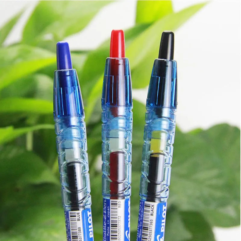 0.5mm press gel pen with transparent blue rod refill, available in black, blue or red ink