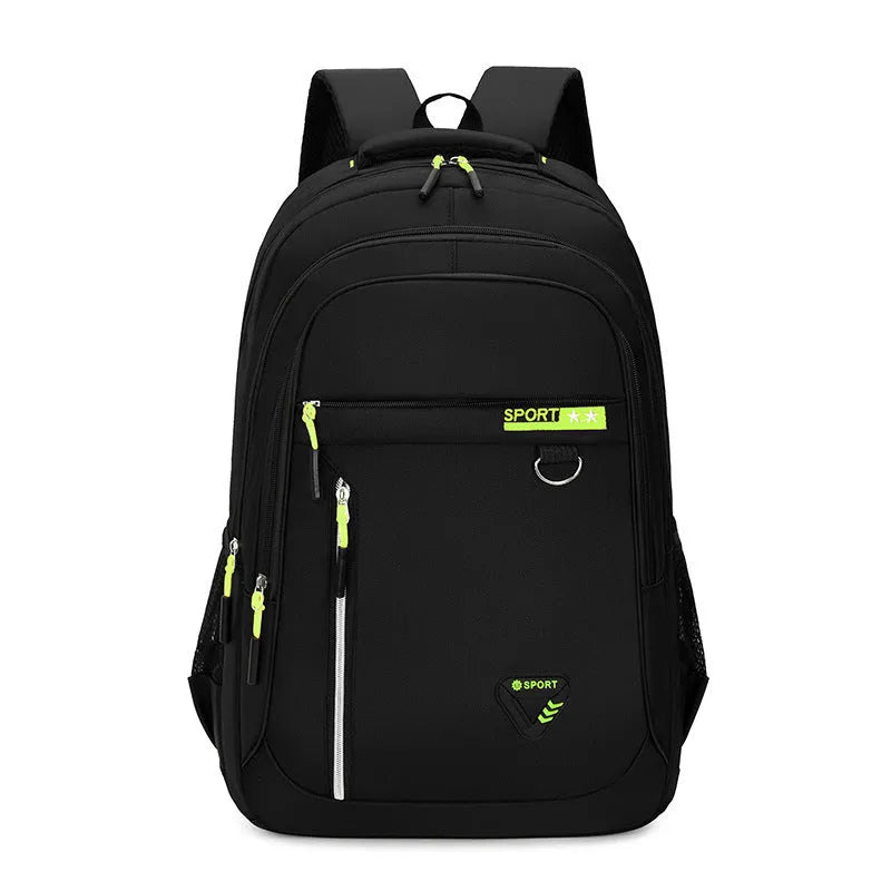 Men's Oxford cloth schoolbag with letter pattern in four colour options showing large capacity design